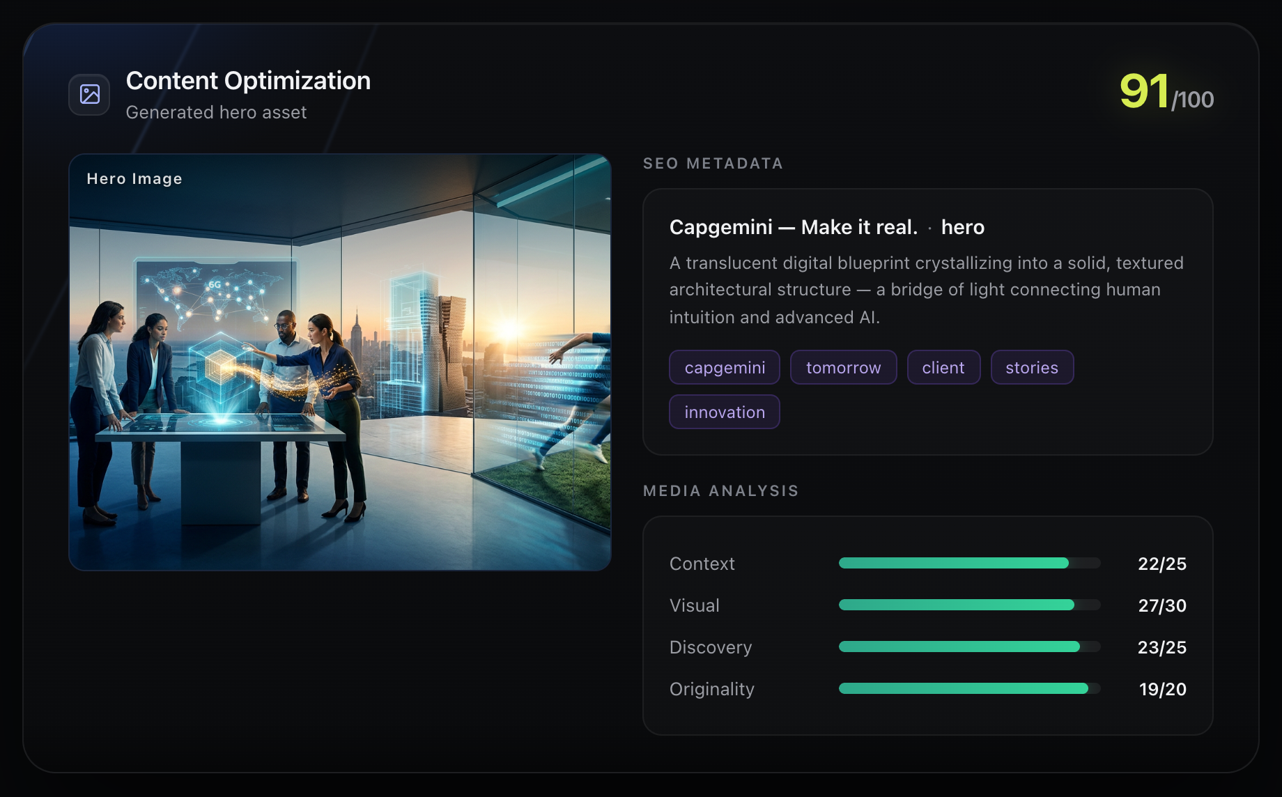 Vizzybl Content Optimization dashboard showing page-level GEO recommendations