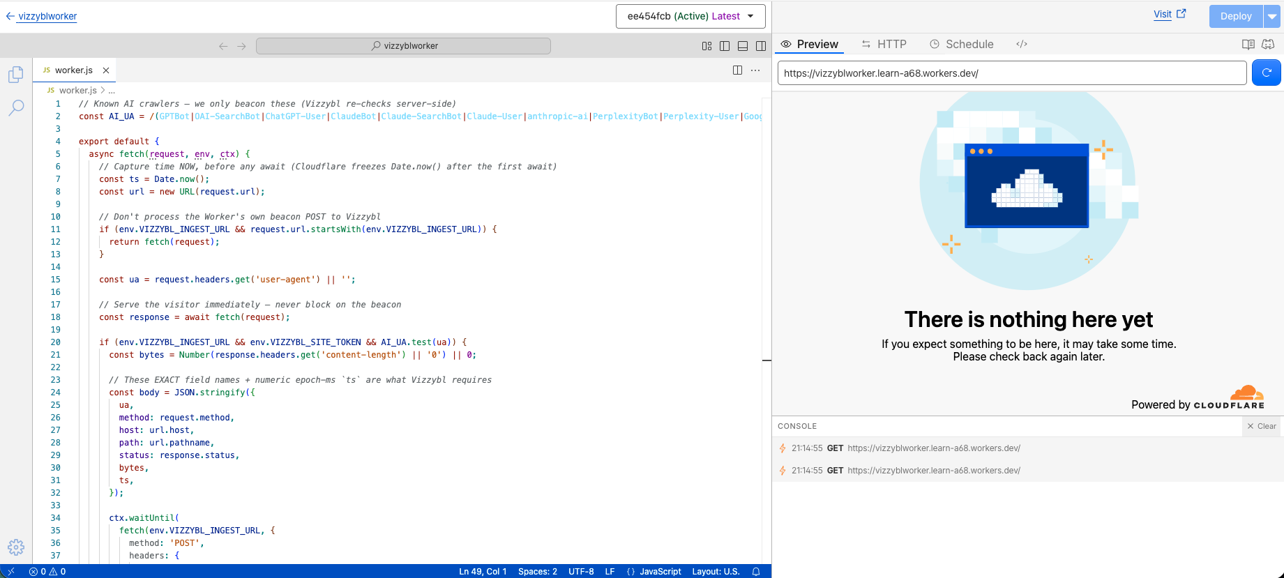 Paste the Vizzybl beacon code, then click Deploy