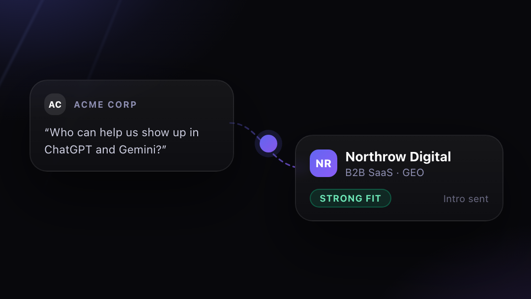 A brand's request for AI-visibility help being routed to a matched partner agency