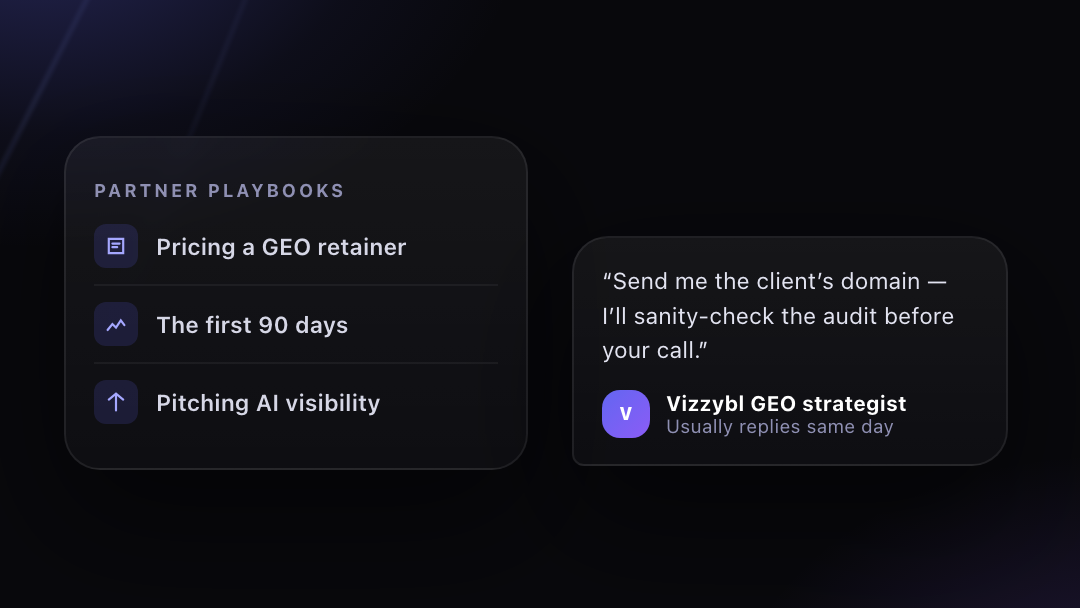 Partner playbooks beside a message from a Vizzybl GEO strategist
