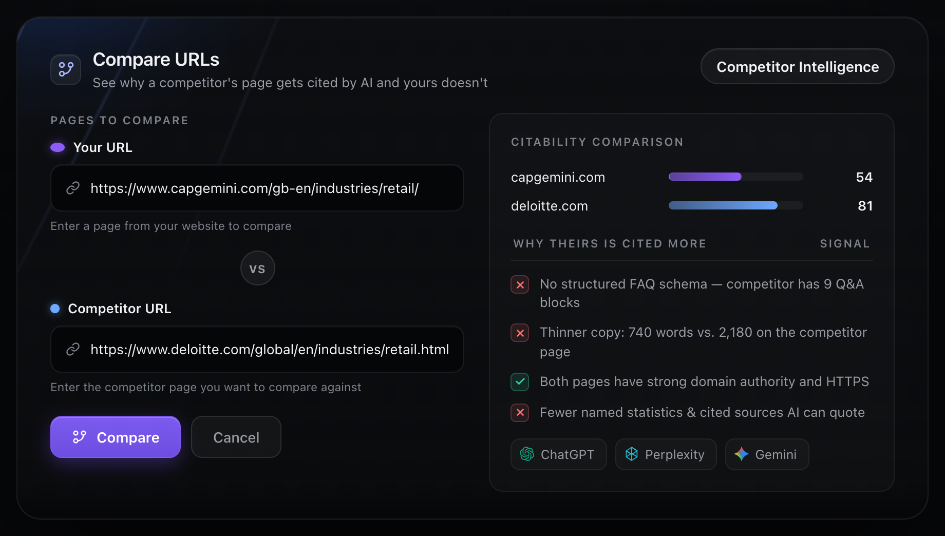 Vizzybl compare URLs input for two product pages