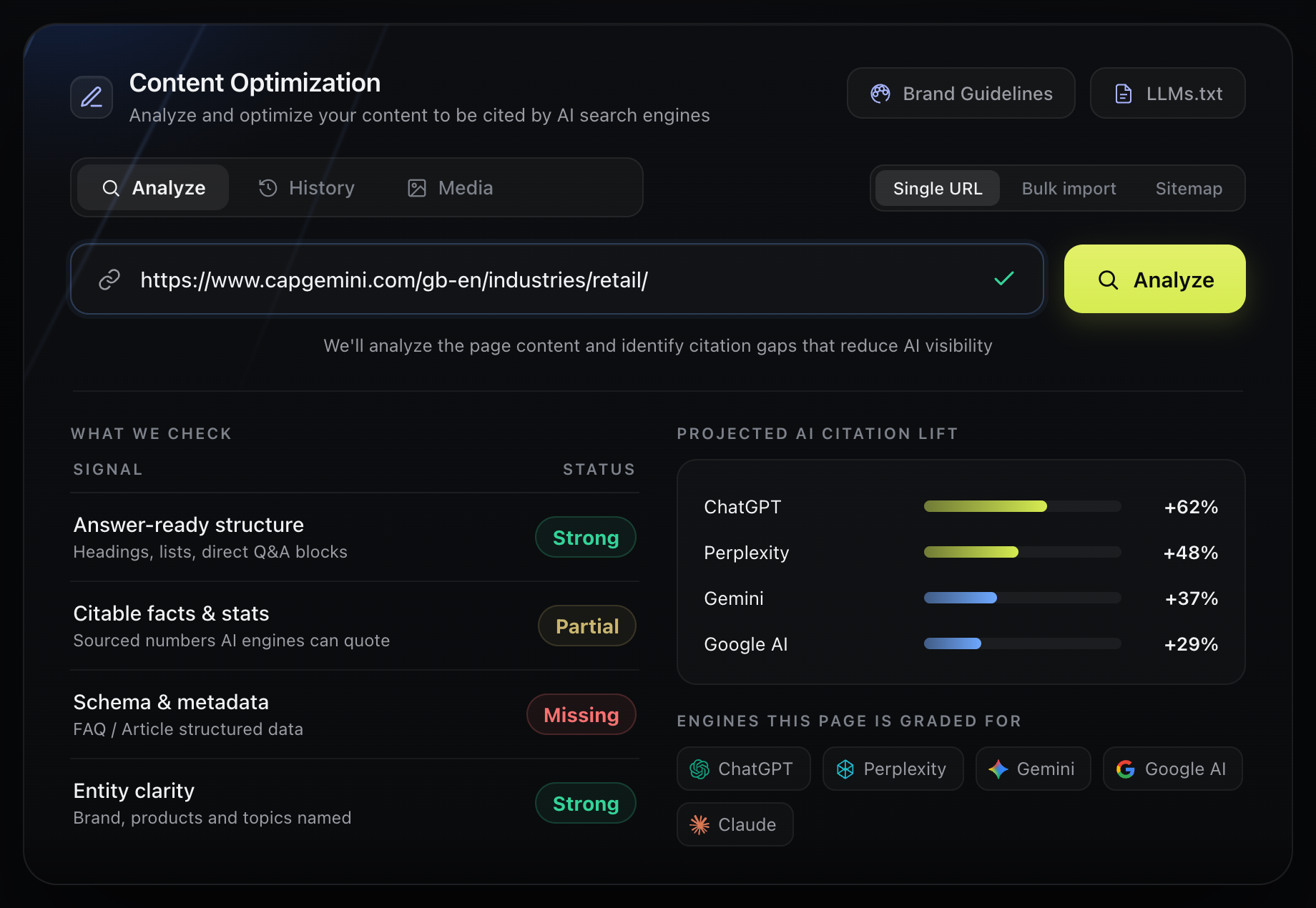Vizzybl Content Optimization analyze view with a URL field ready to scan a page for citation gaps