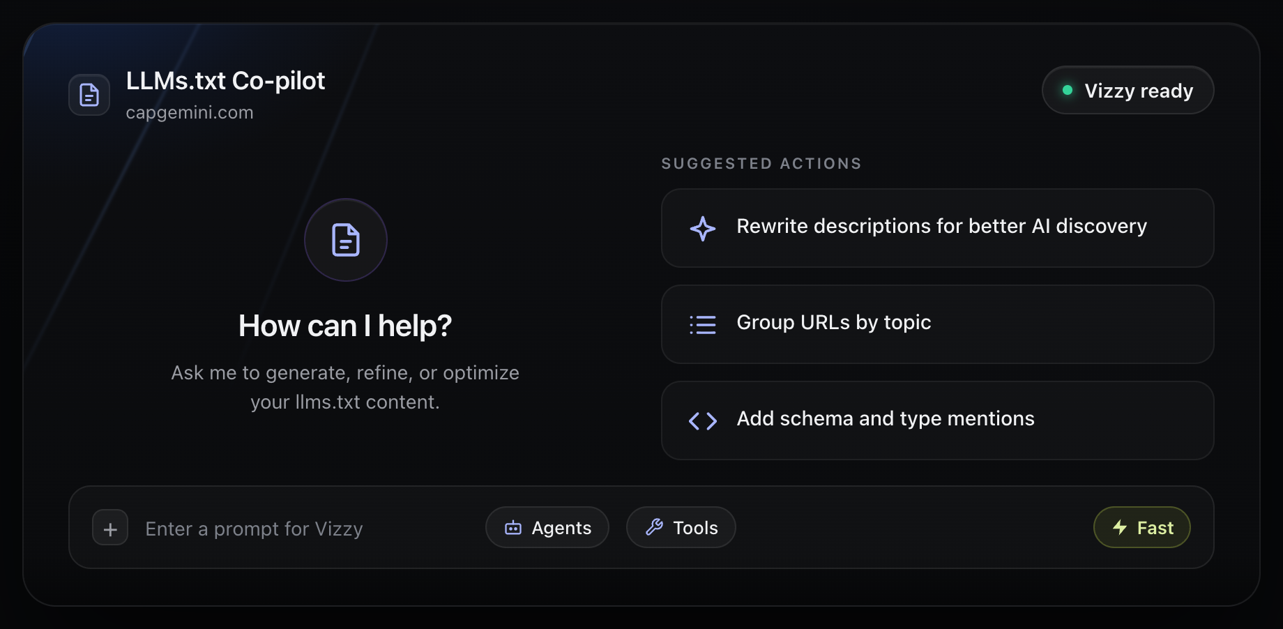 Vizzybl LLMs.txt Co-pilot chat assistant suggesting ways to generate and refine llms.txt content