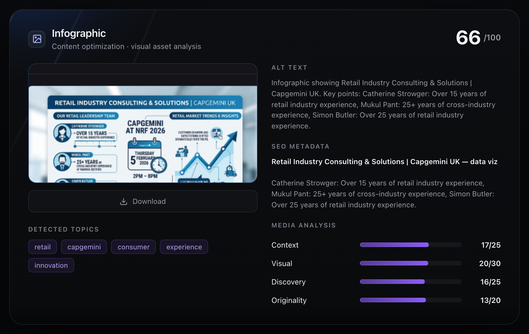 Vizzybl infographic generator showing a generated infographic with alt text, SEO metadata, and a media analysis score