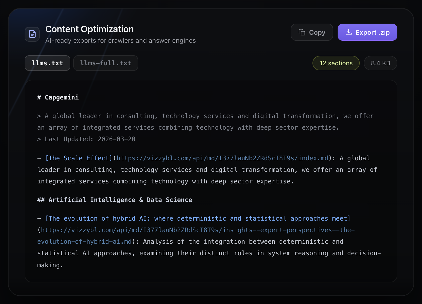 Vizzybl generated llms.txt file shown in markdown with copy and export options