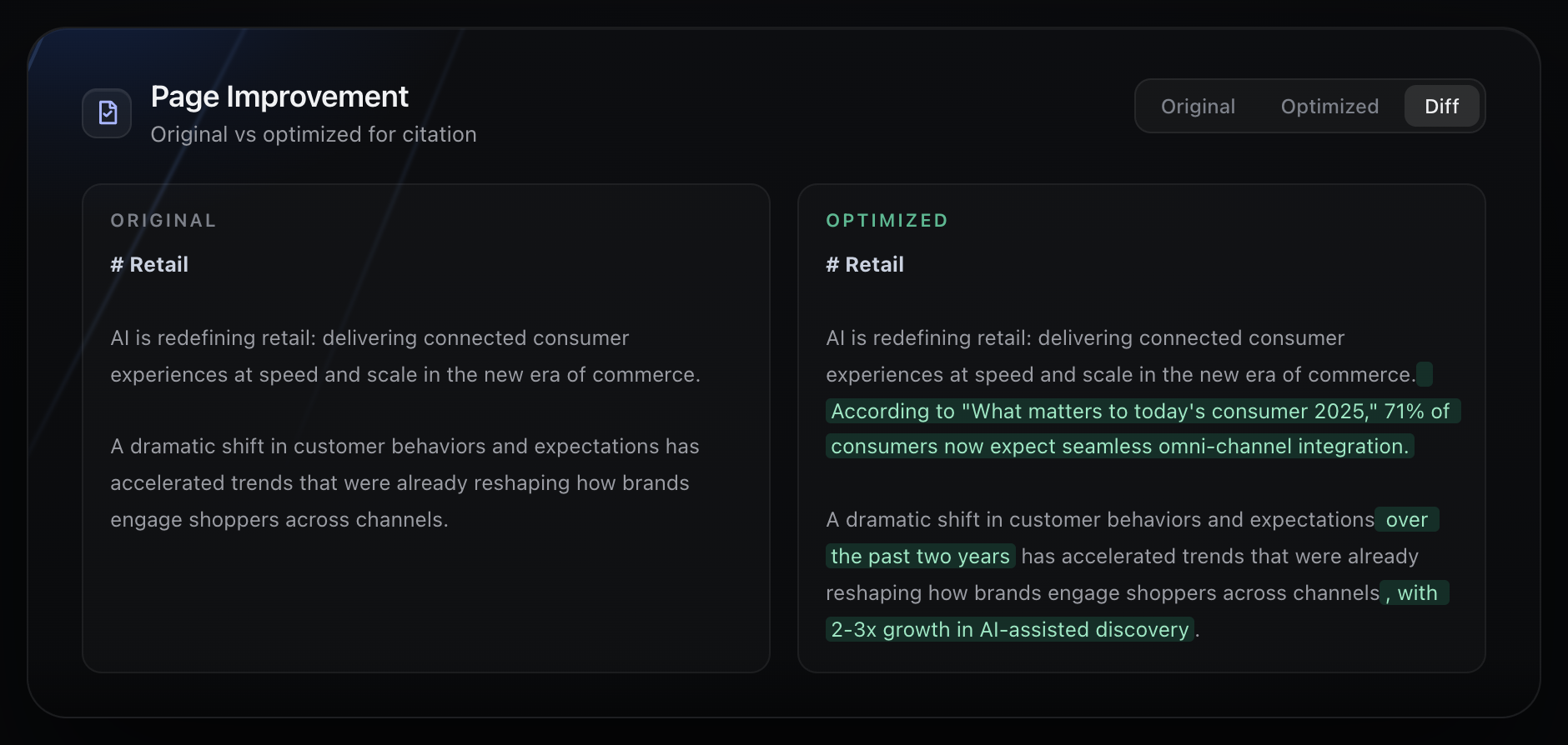 Vizzybl page improvement view comparing original and optimized content side by side with a diff