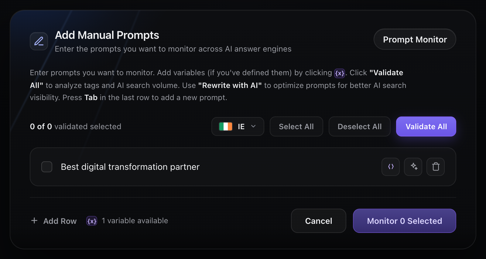 Vizzybl Add Manual Prompts dialog for entering, validating, and rewriting prompts to monitor